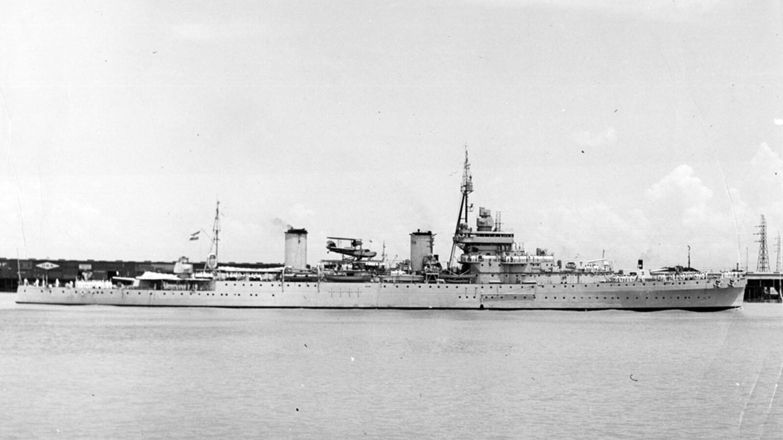 The Argentine Navy training cruiser ARA La Argentina photographed in 1939, equipped with a Supermarine Walrus seaplane