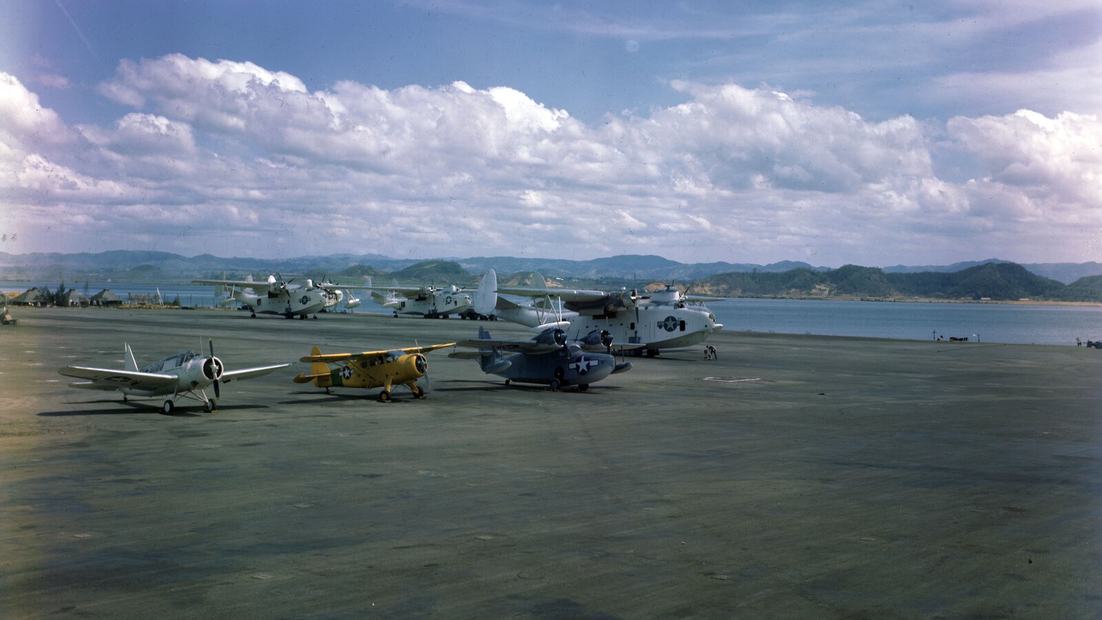 US Navy aircraft lined up at Naval Air Station Guantánamo Bay, Cuba, circa 1944, during anti-submarine operations in the Caribbean