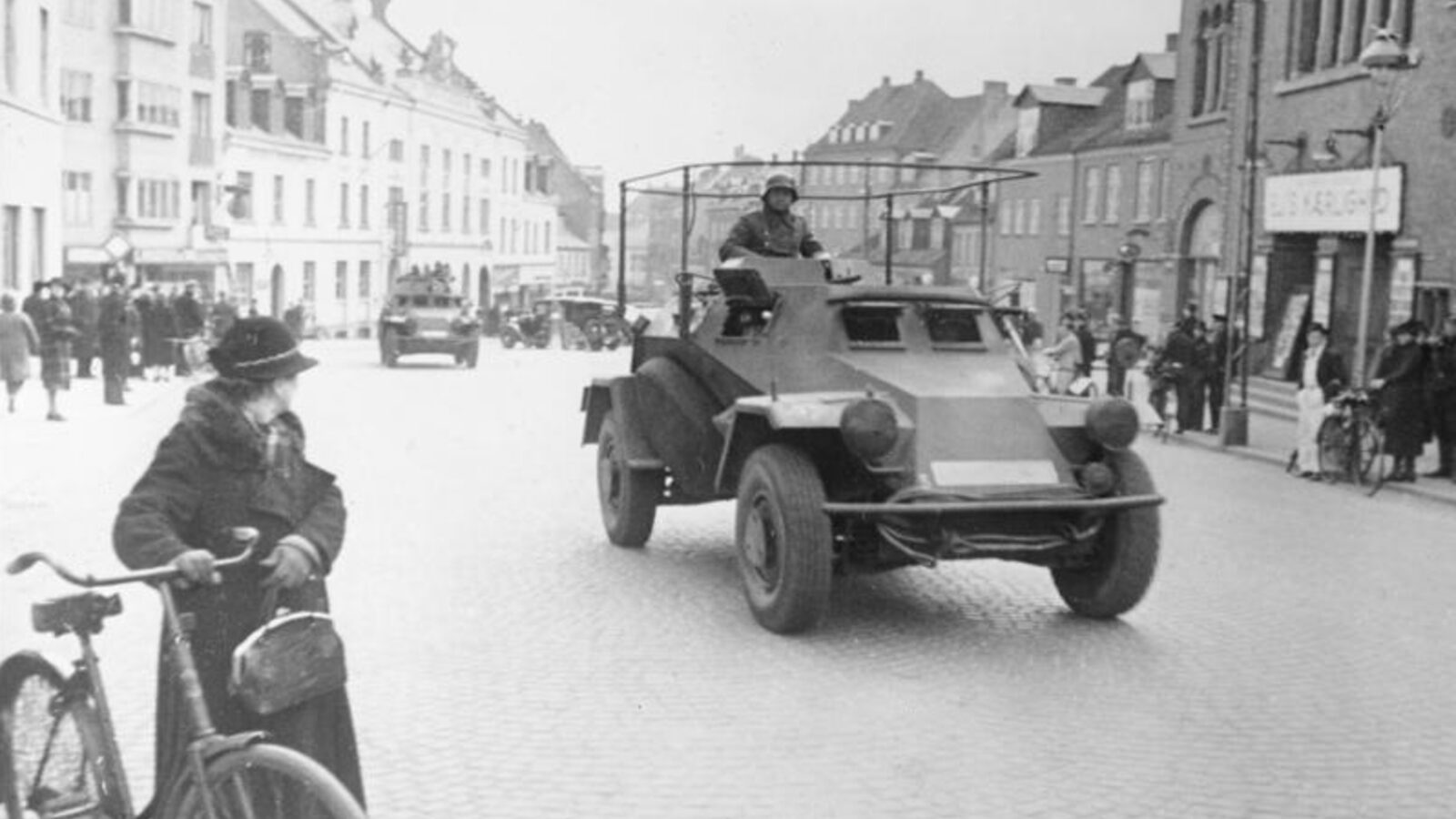 German armored reconnaissance vehicle Sd.Kfz. 222 advancing through Viborg, Jutland, during the April 1940 invasion of Denmark