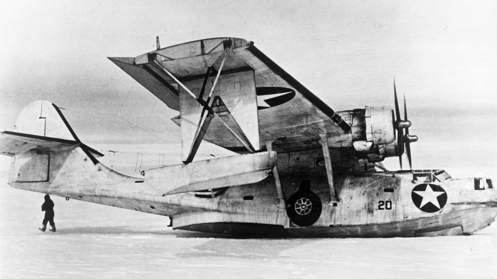 Bernt Balchen's Consolidated PBY Catalina seaplane on the Greenland ice cap during a 1943 rescue operation flown out of Bluie West-1