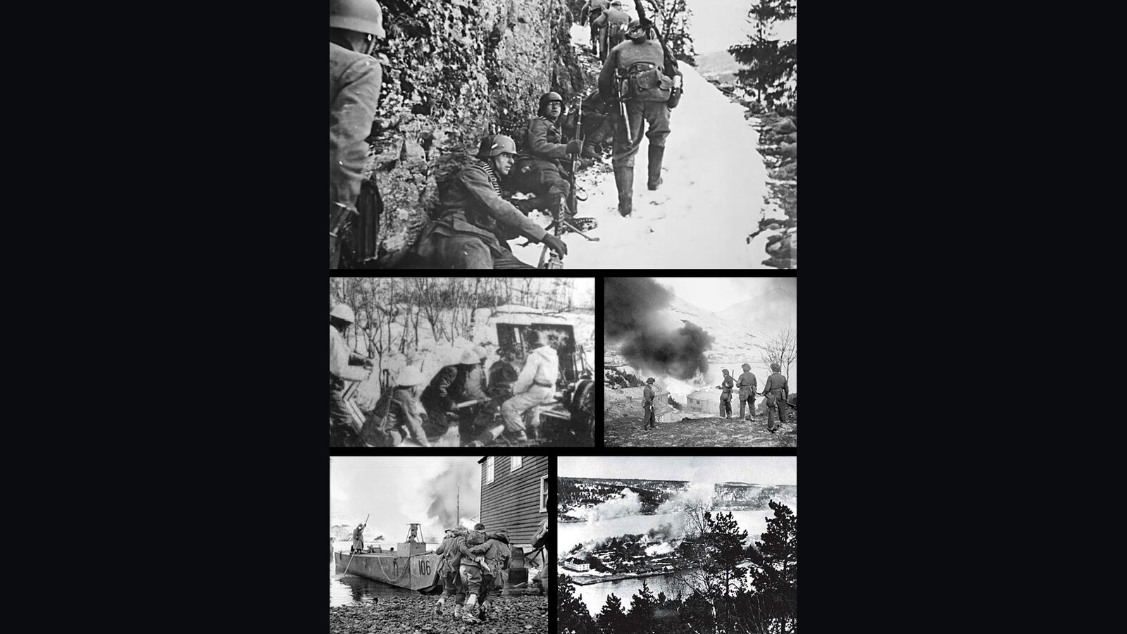 Composite header image of the Norwegian Campaign 1940 - Oscarsborg Fortress, Norwegian forces, and the Battle of Narvik