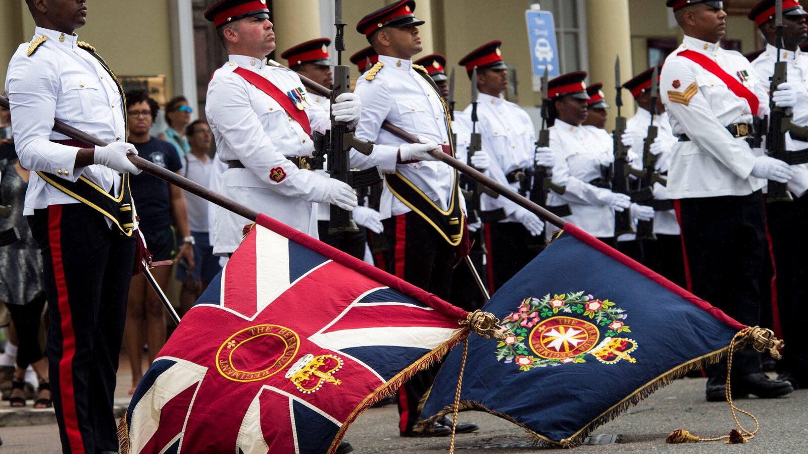 Royal Bermuda Regiment Colour Party at the Queen's Birthday Parade on Front Street, Hamilton, June 2017