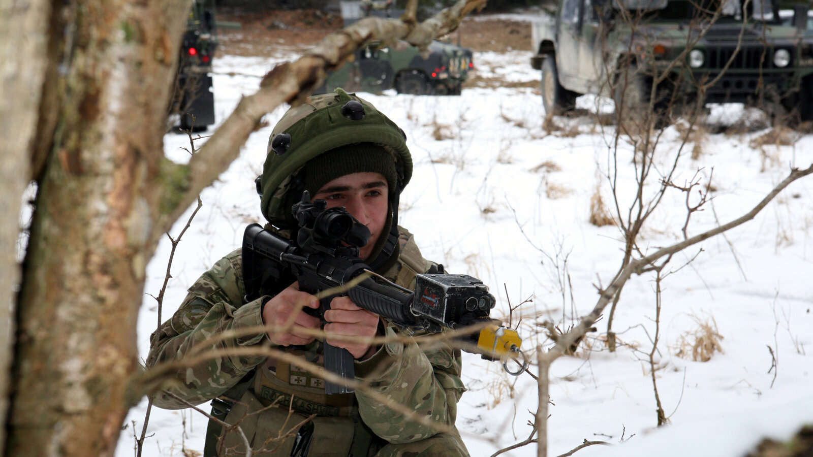 A Georgian soldier from the 33rd Battalion provides security during a Georgian mission rehearsal exercise at the Joint Multinational Readiness Center, Hohenfels, Germany, February 2013