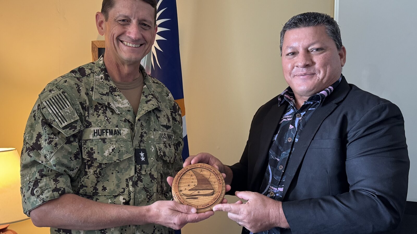 Joint Task Force-Micronesia Commander Rear Adm. Greg Huffman meets Marshall Islands National Security Advisor Chris deBrum in Majuro, January 2025