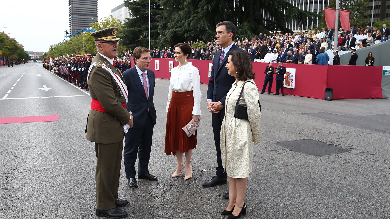 Spanish armed forces parade on Spain's National Day in Madrid, 12 October 2019, with Prime Minister Pedro Sánchez and Defence Minister Margarita Robles in attendance