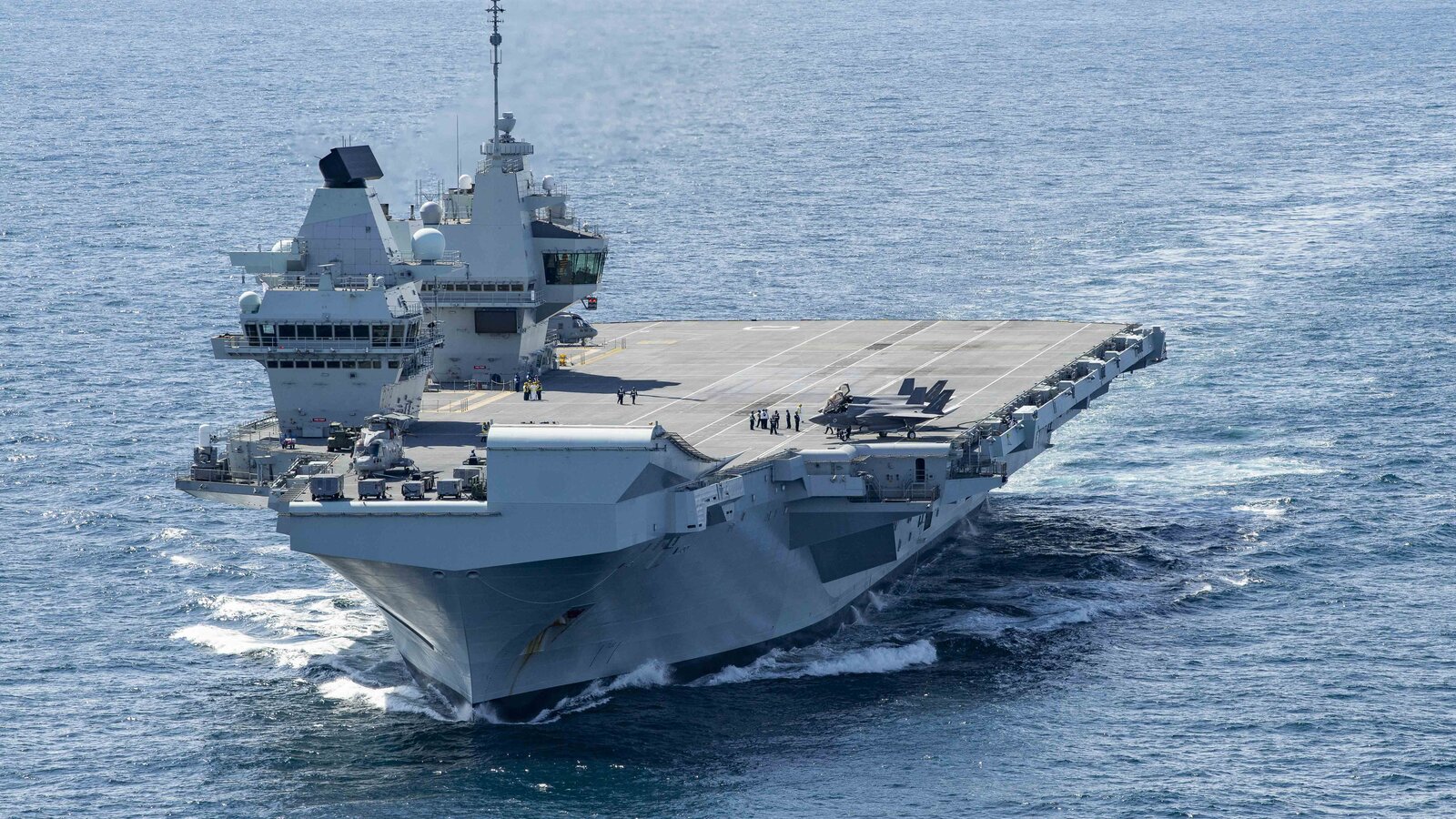 Royal Navy aircraft carrier HMS Queen Elizabeth (R08) underway in the Atlantic Ocean during exercise WESTLANT 19, October 2019